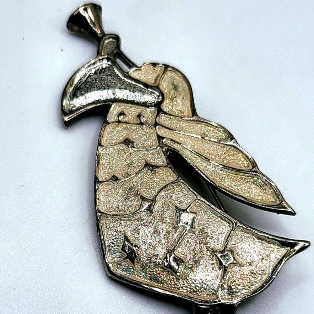 "5/$40" Silvertone Ivory Glitter Enamel Angel Horn Brooch